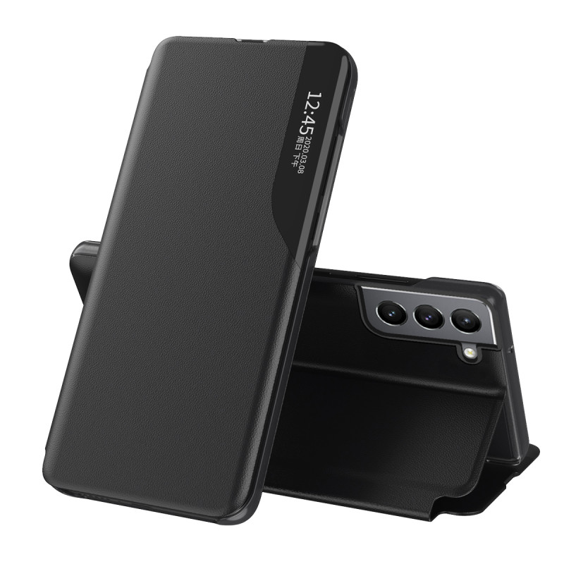 Eco Leather View Case elegantiškas dėklas su atvartu ir stovo funkcija, skirta Samsung Galaxy S22+ (S22 Plus) juoda