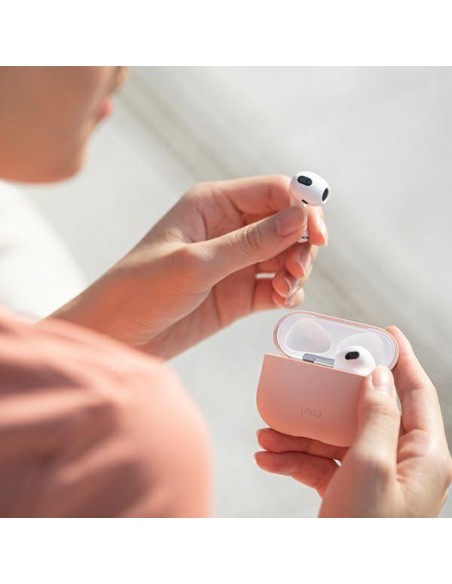 Uniq Lino silikoninis dėklas, skirtas AirPods 3 - smėlio spalvos Uniq Lino silikoninis dėklas, skirtas AirPods 3 - smėlio spalvos