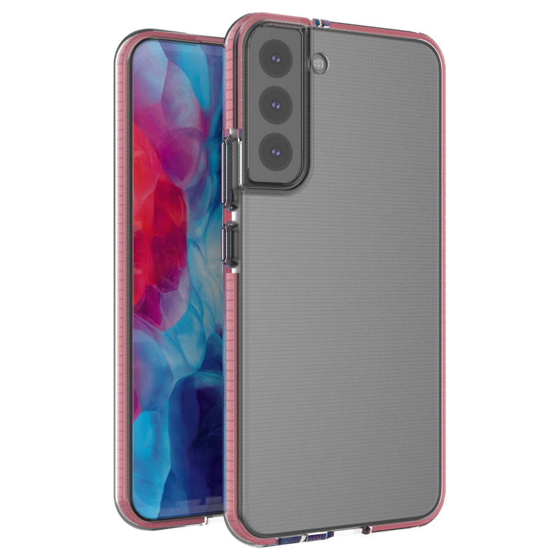 Spring Case padengtas gelio dėklas su spalvingu rėmeliu, skirtas Samsung Galaxy S22+ (S22 Plus) šviesiai rausvai