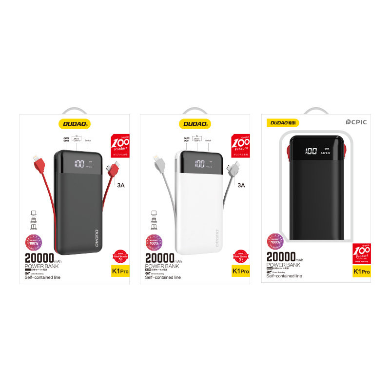 Dudao K1Pro maitinimo blokas 20000 mAh su įmontuotais laidais baltas (K1Pro-white)
