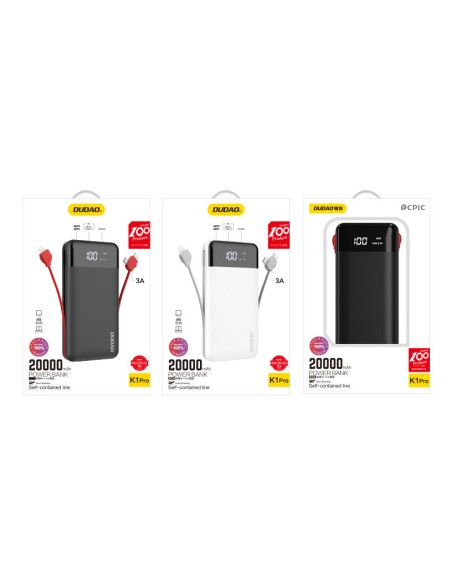 Dudao K1Pro maitinimo blokas 20000 mAh su įmontuotais laidais baltas (K1Pro-white)