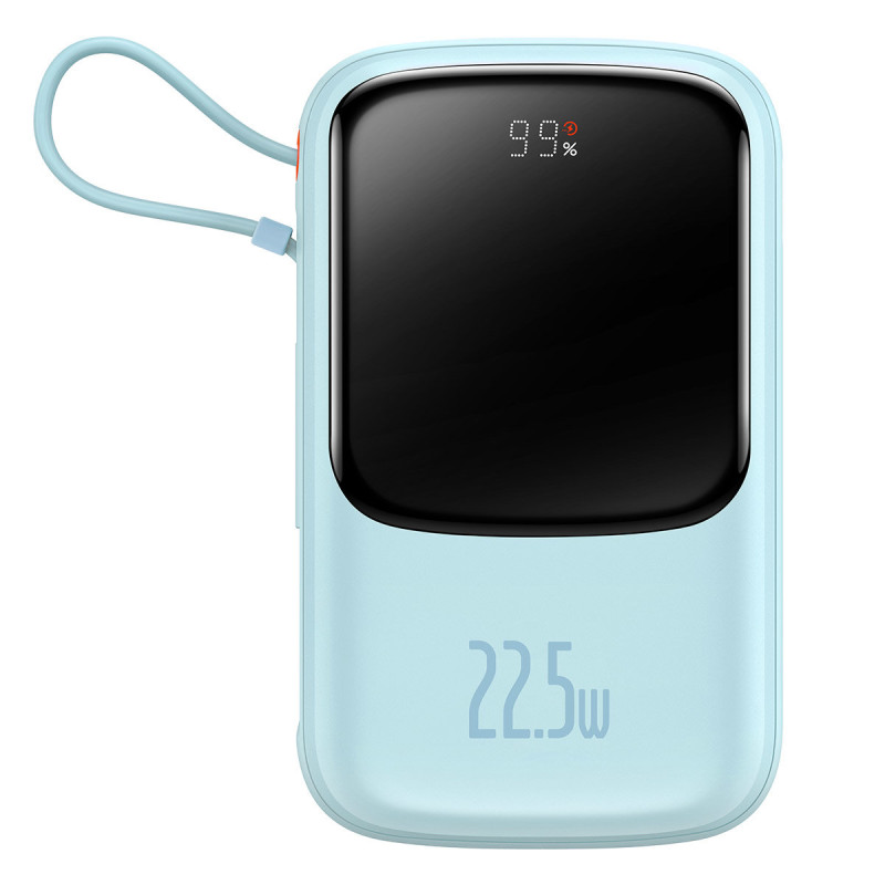 Qpow maitinimo blokas 10 000 mAh integruotas USB Type-C laidas 22,5 W greito įkrovimo mėlynas