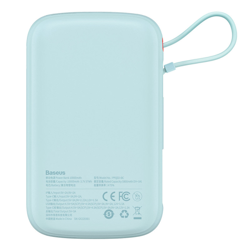Qpow maitinimo blokas 10 000 mAh integruotas USB Type-C laidas 22,5 W greito įkrovimo mėlynas