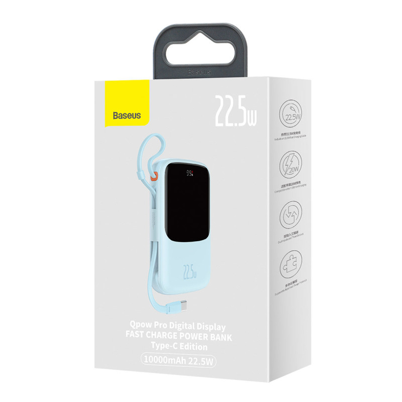 Qpow maitinimo blokas 10 000 mAh integruotas USB Type-C laidas 22,5 W greito įkrovimo mėlynas