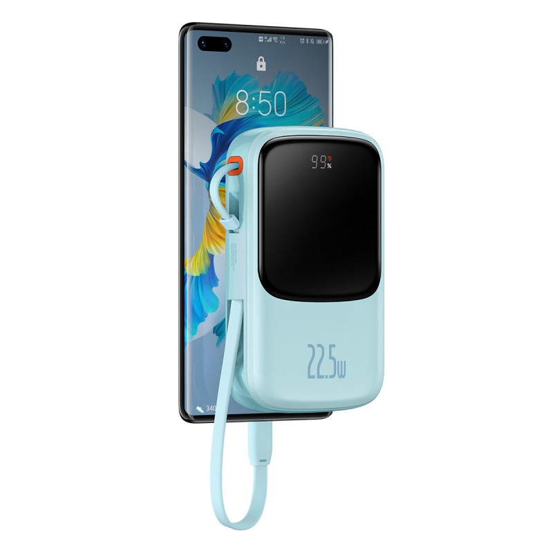 Qpow maitinimo blokas 10 000 mAh integruotas USB Type-C laidas 22,5 W greito įkrovimo mėlynas