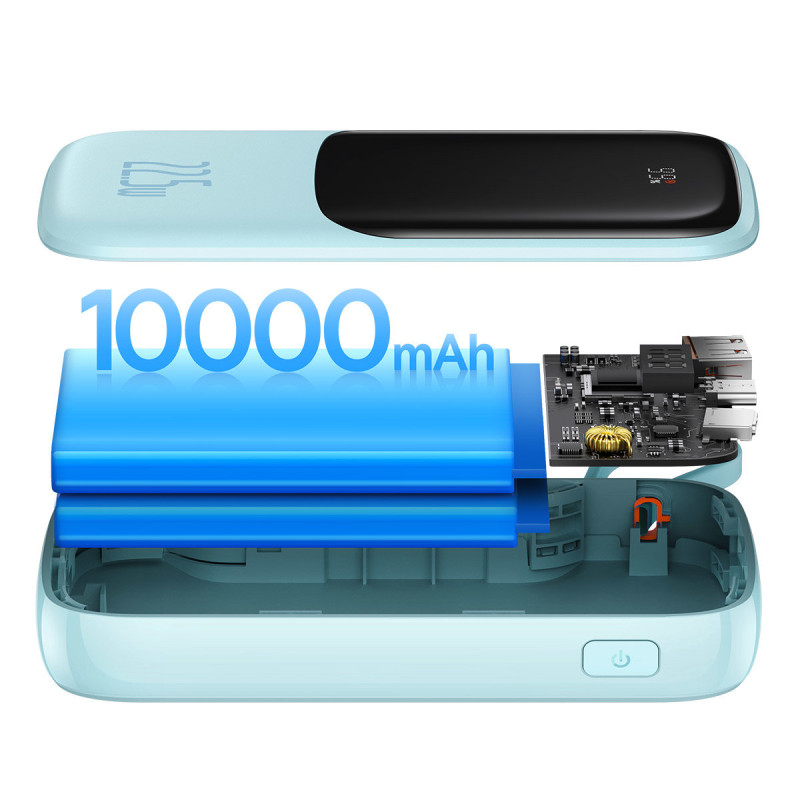Qpow maitinimo blokas 10 000 mAh integruotas USB Type-C laidas 22,5 W greito įkrovimo mėlynas