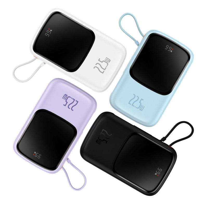 Qpow maitinimo blokas 10 000 mAh integruotas USB Type-C laidas 22,5 W greito įkrovimo mėlynas