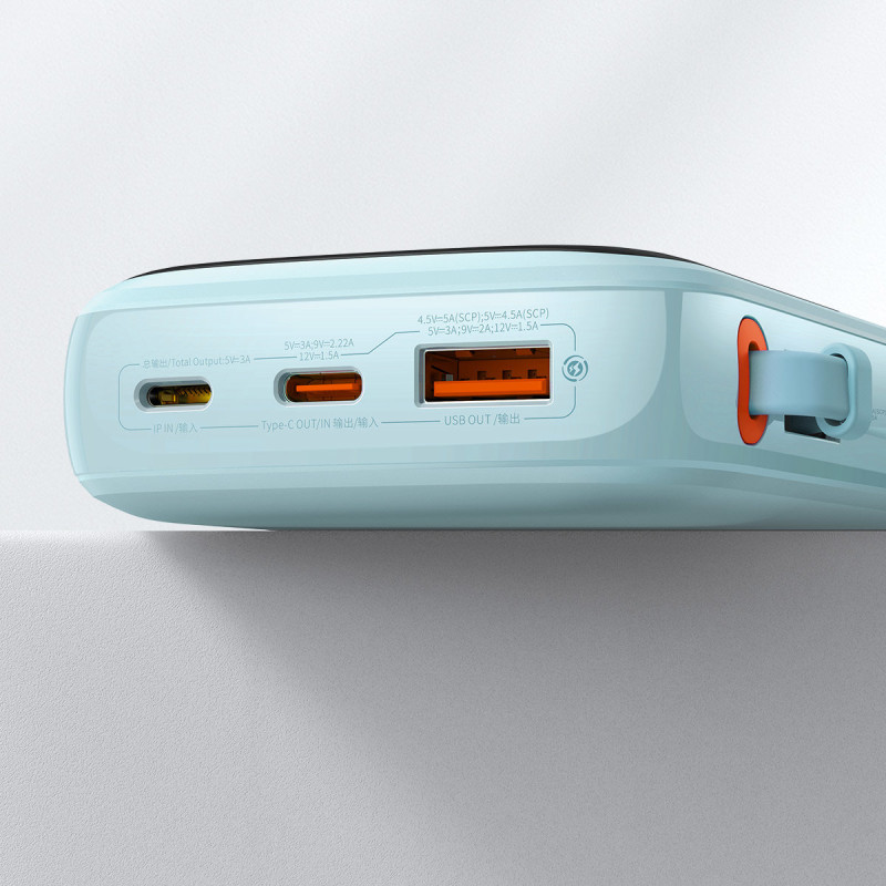 Qpow maitinimo blokas 10 000 mAh integruotas USB Type-C laidas 22,5 W greito įkrovimo mėlynas