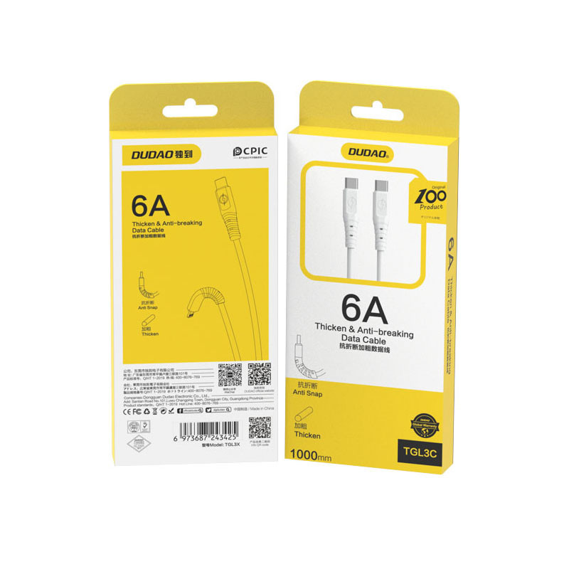 Dudao TGL3C USB-C – USB-C PD laidas 100W 6A 1m – baltas