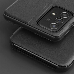 Eco Leather View Case, elegantiškas dėklas su atvartu ir stovo funkcija, skirtas Samsung Galaxy A73, mėlynas