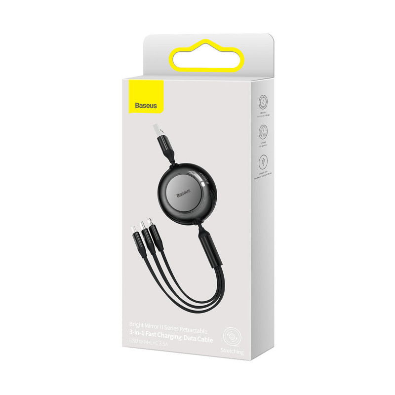 Bright Mirror 2 kabelis 3in1 USB Type A microUSB + iPhone Lightning + USB-C 3.5A 1.1m juodas