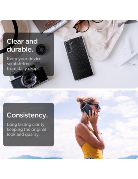 Spigen Skystųjų kristalų dėklas, skirtas Samsung Galaxy S21 FE - skaidrus ir blizgantis Spigen Skystųjų kristalų dėklas, skirtas Samsung Galaxy S21 FE - skaidrus ir blizgantis