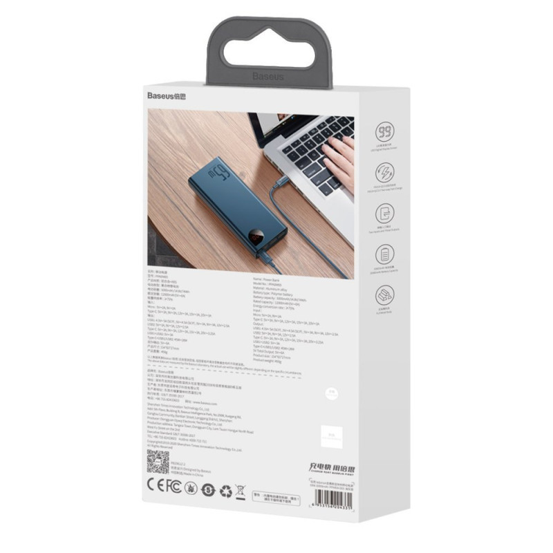 Adaman maitinimo blokas 2x USB 1x USB-C 1x microUSB 20000mAh 65W greitas įkrovimas juodas