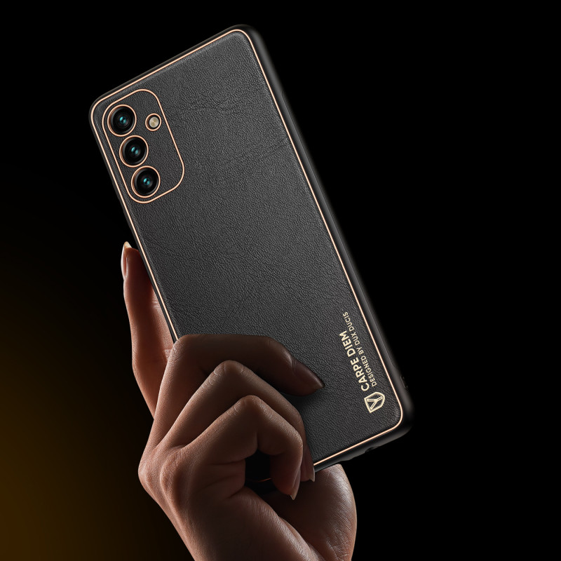 Dux Ducis Yolo elegantiškas dėklas su ekologiškos odos dangteliu, skirtas Samsung Galaxy A13 5G juodas