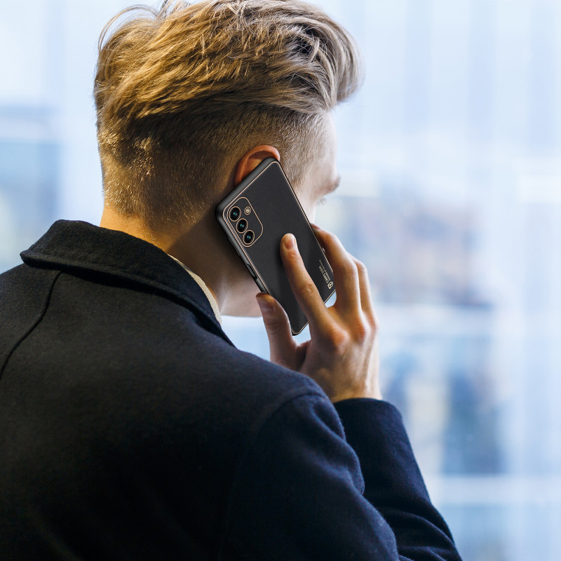 Dux Ducis Yolo elegantiškas dėklas su ekologiškos odos dangteliu, skirtas Samsung Galaxy A13 5G juodas