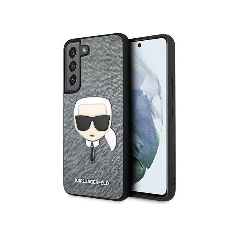 Karl Lagerfeld Saffiano Ikonik Karl& 39 s Head dėklas, skirtas Samsung Galaxy S22+ – sidabrinis