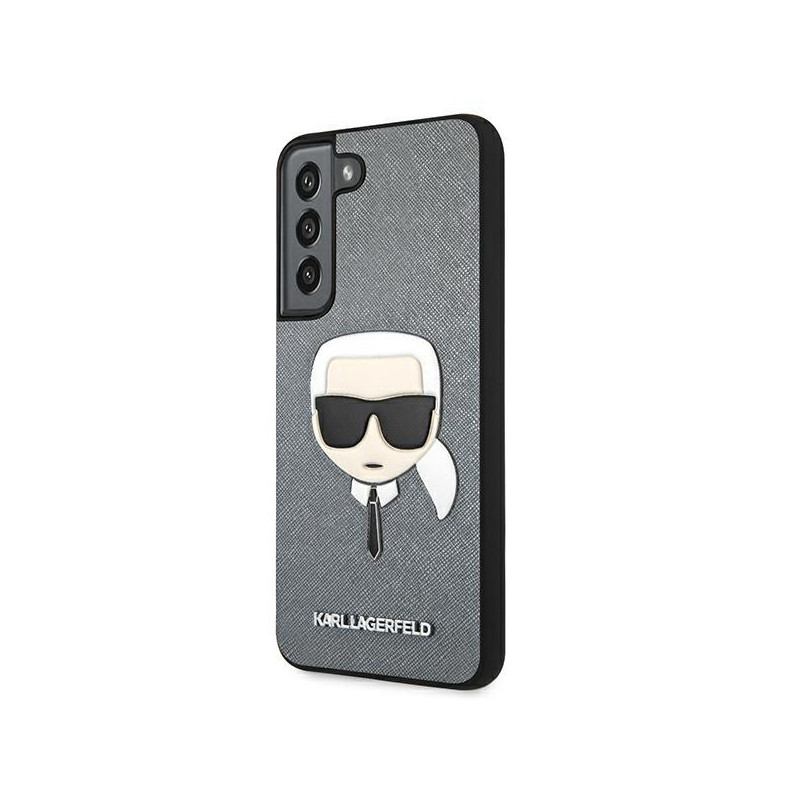 Karl Lagerfeld Saffiano Ikonik Karl& 39 s Head dėklas, skirtas Samsung Galaxy S22+ – sidabrinis