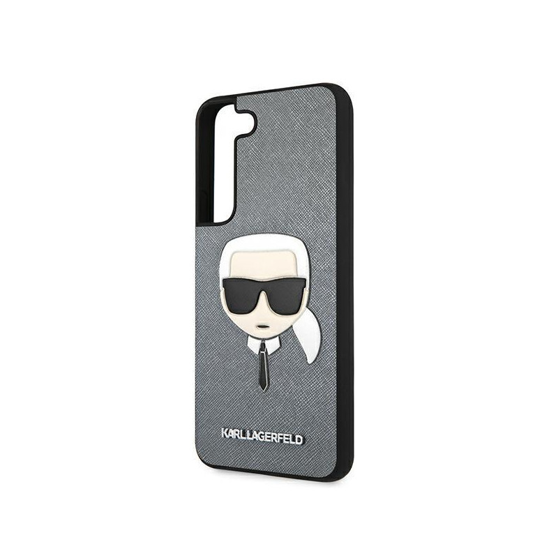Karl Lagerfeld Saffiano Ikonik Karl& 39 s Head dėklas, skirtas Samsung Galaxy S22+ – sidabrinis