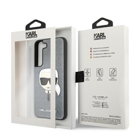 Karl Lagerfeld Saffiano Ikonik Karl& 39 s Head dėklas, skirtas Samsung Galaxy S22+ – sidabrinis