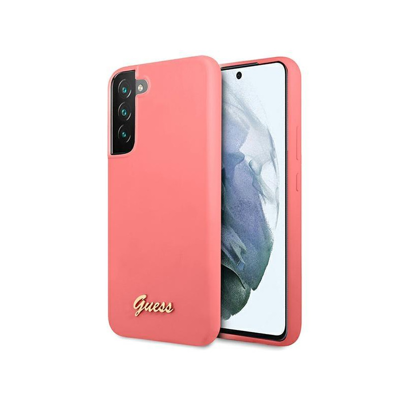 Guess Silicone Script metalo logotipo dėklas, skirtas Samsung Galaxy S22+ - fuksija