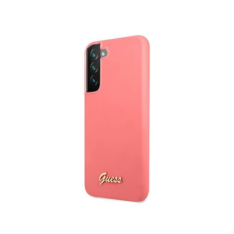 Guess Silicone Script metalo logotipo dėklas, skirtas Samsung Galaxy S22+ - fuksija