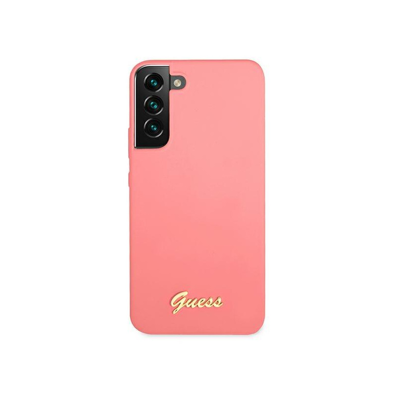 Guess Silicone Script metalo logotipo dėklas, skirtas Samsung Galaxy S22+ - fuksija