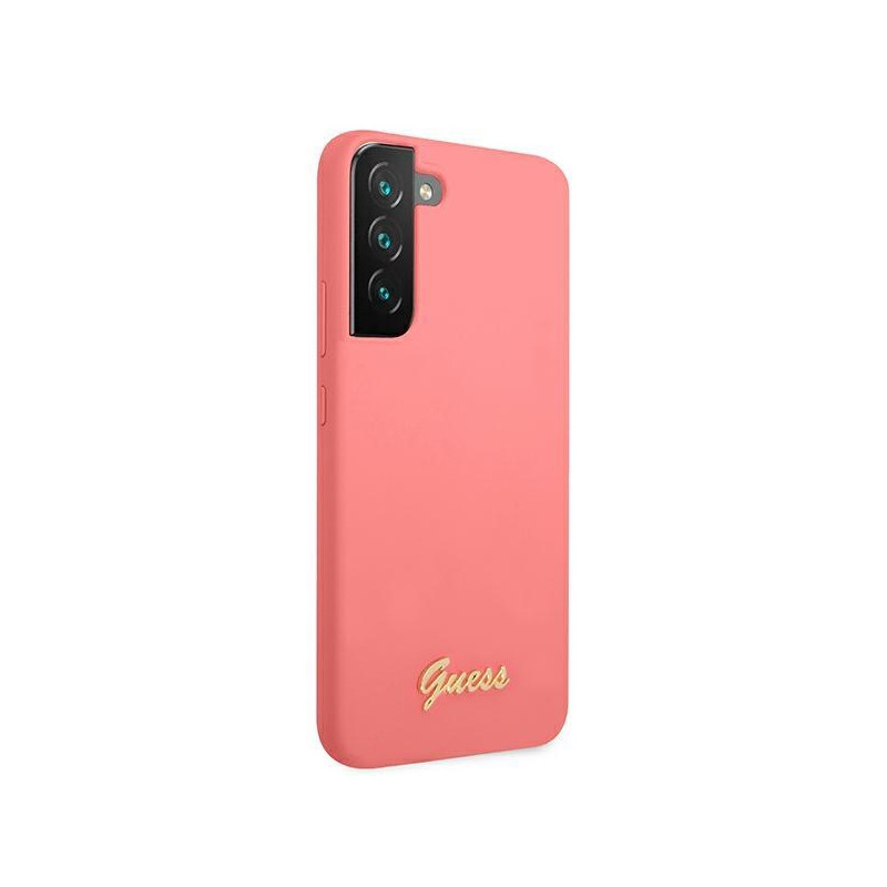 Guess Silicone Script metalo logotipo dėklas, skirtas Samsung Galaxy S22+ - fuksija