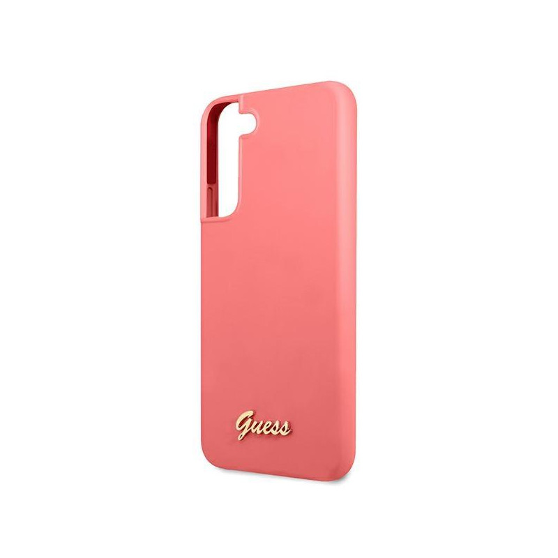 Guess Silicone Script metalo logotipo dėklas, skirtas Samsung Galaxy S22+ - fuksija