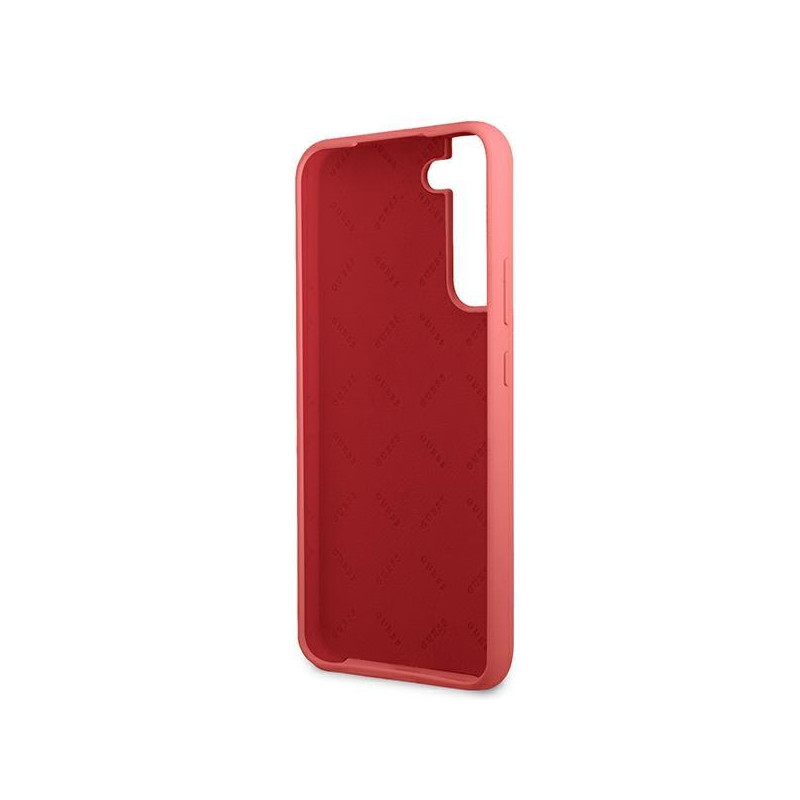 Guess Silicone Script metalo logotipo dėklas, skirtas Samsung Galaxy S22+ - fuksija