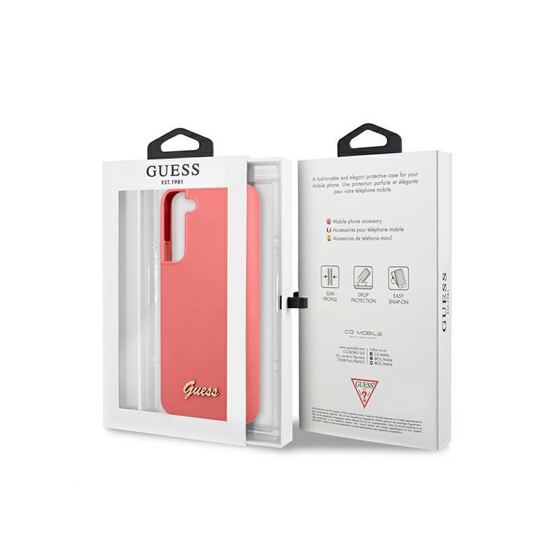 Guess Silicone Script metalo logotipo dėklas, skirtas Samsung Galaxy S22+ - fuksija