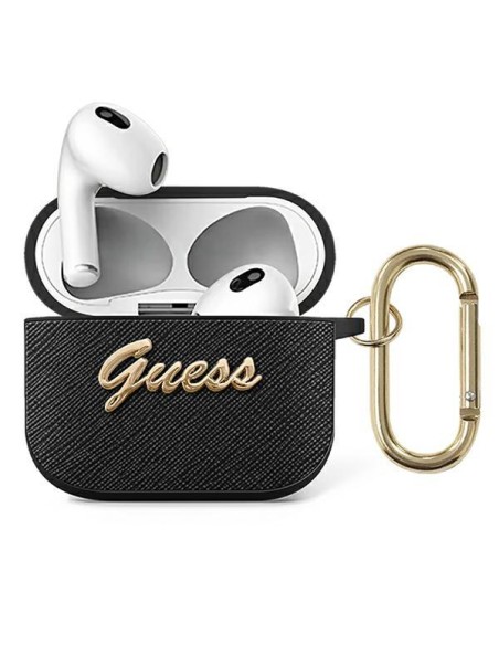 Guess Saffiano Script Metal Collection dėklas, skirtas AirPods 3 – juodas Guess Saffiano Script Metal Collection dėklas, skirtas AirPods 3 – juodas