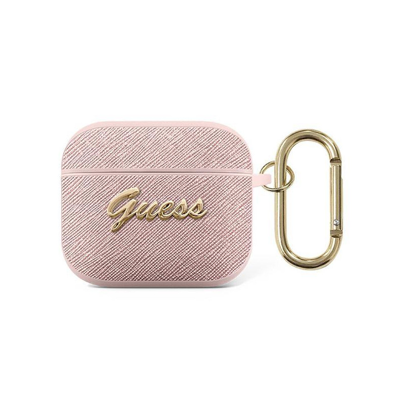 Guess Saffiano Script Metal Collection dėklas, skirtas AirPods 3 – rožinis Guess Saffiano Script Metal Collection dėklas, skirtas AirPods 3 – rožinis