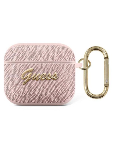 Guess Saffiano Script Metal Collection dėklas, skirtas AirPods 3 – rožinis