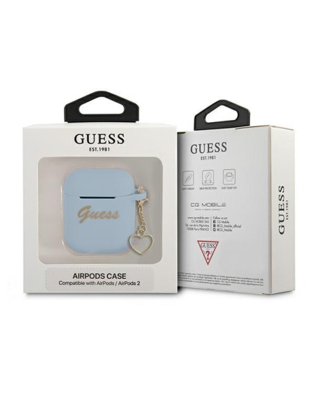 Guess Silicone Charm Heart Collection dėklas, skirtas AirPods 1/ 2 – mėlynas Guess Silicone Charm Heart Collection dėklas, skirtas AirPods 1/ 2 – mėlynas