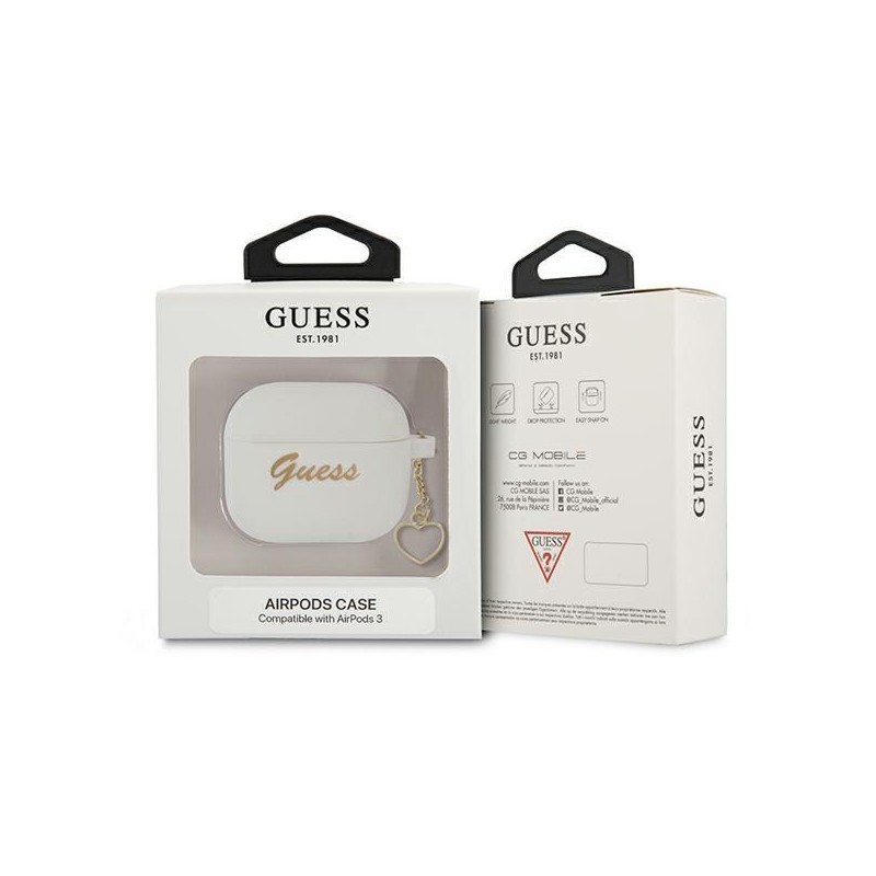 Guess Silicone Charm Heart Collection dėklas, skirtas AirPods 3 – baltas