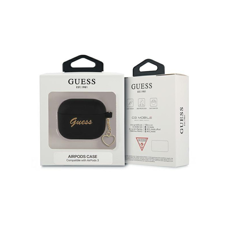 Guess Silicone Charm Heart Collection dėklas, skirtas AirPods 3 – juodas
