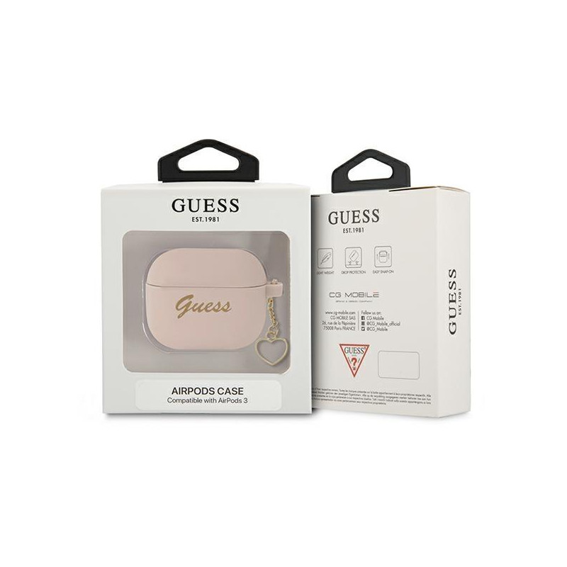 Guess Silicone Charm Heart Collection dėklas, skirtas AirPods 3 – rožinis