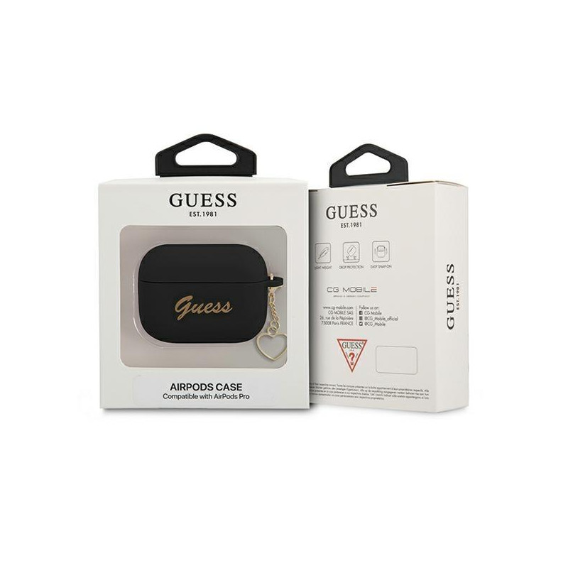 Guess Silicone Charm Heart Collection dėklas, skirtas AirPods Pro – juodas