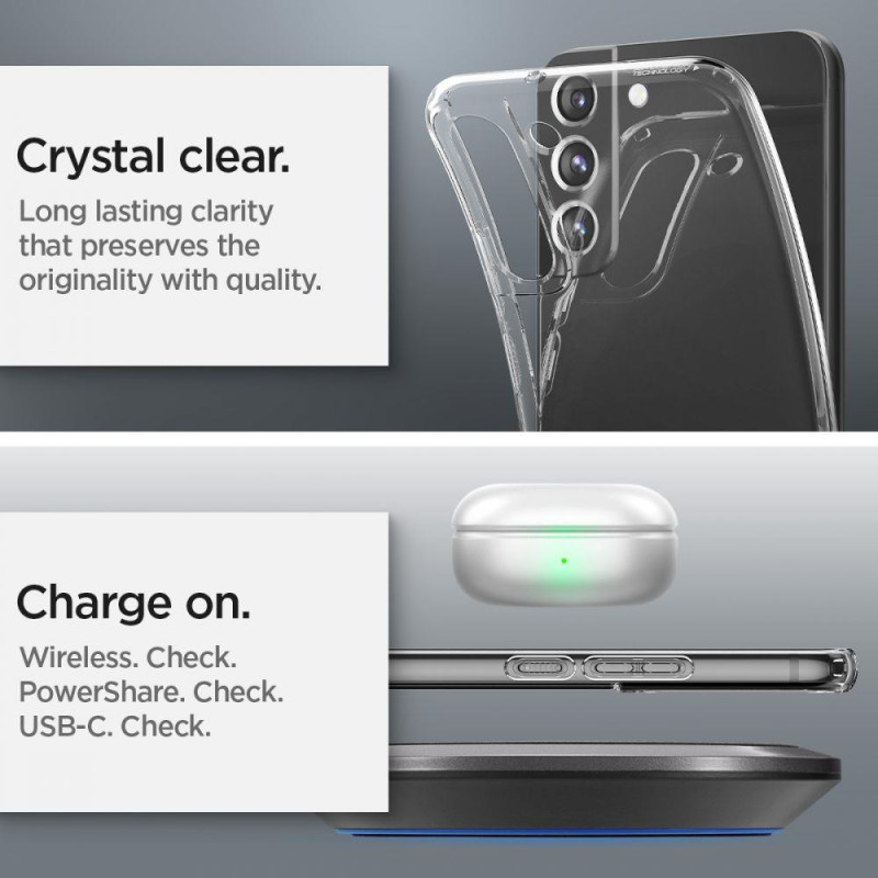 Spigen Skystųjų kristalų dėklas, skirtas Samsung Galaxy S22+ - skaidrus