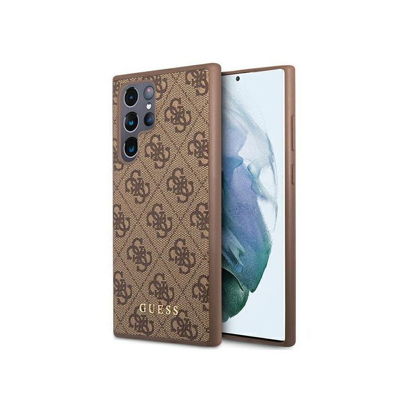 Guess GUHCS22LG4GFBR S22 Ultra S908 rudas/ rudas kietas dėklas 4G metalinis auksinis logotipas Guess GUHCS22LG4GFBR S22 Ultra S908 rudas/ rudas kietas dėklas 4G metalinis auksinis logotipas