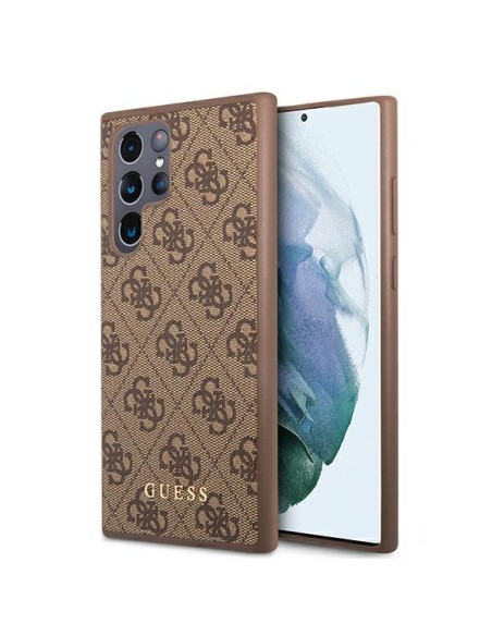 Guess GUHCS22LG4GFBR S22 Ultra S908 rudas/ rudas kietas dėklas 4G metalinis auksinis logotipas Guess GUHCS22LG4GFBR S22 Ultra S908 rudas/ rudas kietas dėklas 4G metalinis auksinis logotipas