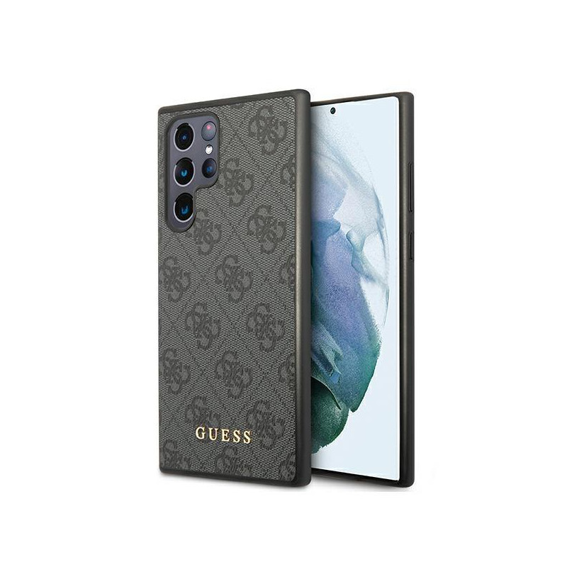 Guess GUHCS22LG4GFGR S22 Ultra S908 pilkas/ pilkas kietas dėklas 4G metalinis auksinis logotipas