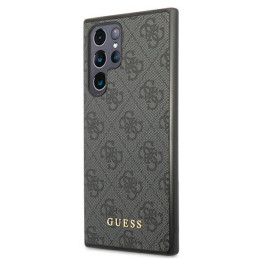 Guess GUHCS22LG4GFGR S22 Ultra S908 pilkas/ pilkas kietas dėklas 4G metalinis auksinis logotipas