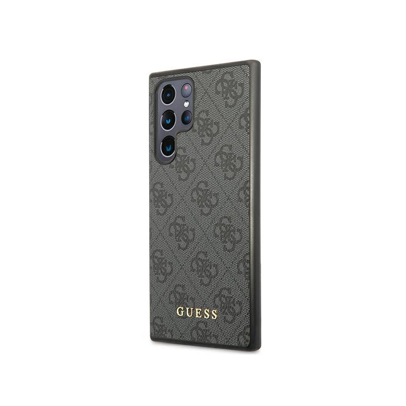 Guess GUHCS22LG4GFGR S22 Ultra S908 pilkas/ pilkas kietas dėklas 4G metalinis auksinis logotipas