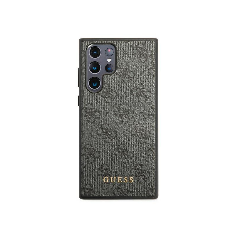 Guess GUHCS22LG4GFGR S22 Ultra S908 pilkas/ pilkas kietas dėklas 4G metalinis auksinis logotipas