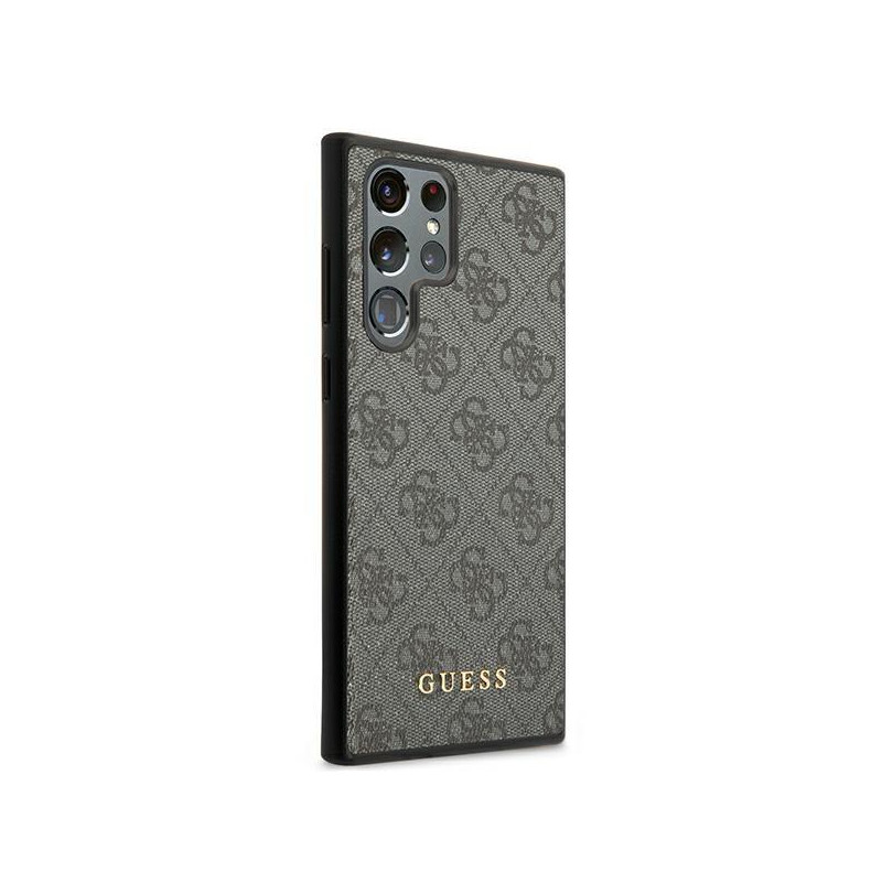 Guess GUHCS22LG4GFGR S22 Ultra S908 pilkas/ pilkas kietas dėklas 4G metalinis auksinis logotipas