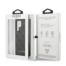 Guess GUHCS22LG4GFGR S22 Ultra S908 pilkas/ pilkas kietas dėklas 4G metalinis auksinis logotipas