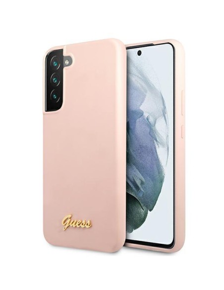 Guess Silicone Script Metal Logo dėklas, skirtas Samsung Galaxy S22+ - rožinis