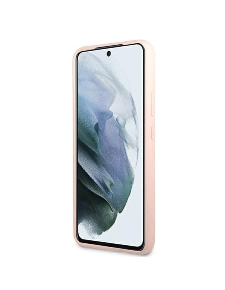 Guess Silicone Script Metal Logo dėklas, skirtas Samsung Galaxy S22+ - rožinis