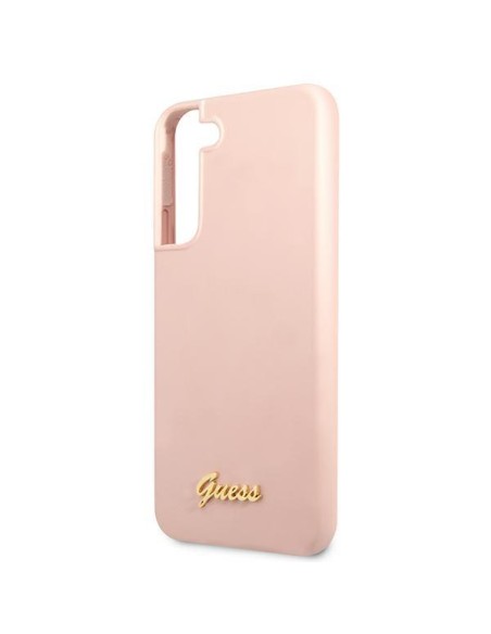 Guess Silicone Script Metal Logo dėklas, skirtas Samsung Galaxy S22+ - rožinis